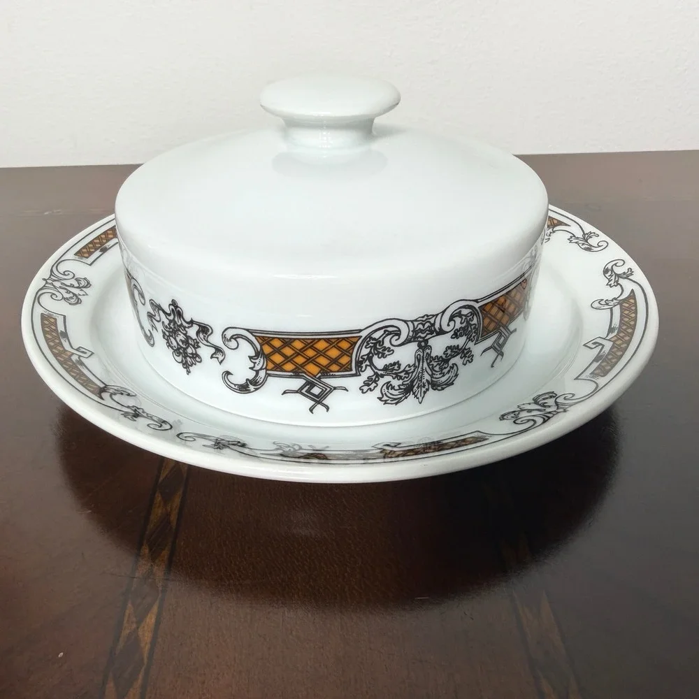 Vintage Czechoslovakia Porcelain Butter Dish Covered‎ Cheese Keeper Black White